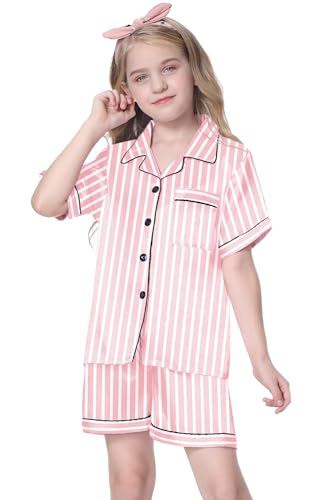 Image of Schbbbta Girls & Women Satin Pajamas Set, 2Piece Silk Nightwear Button-Down Sleepwear for Teen Kids, 3 Years - Women XXL
