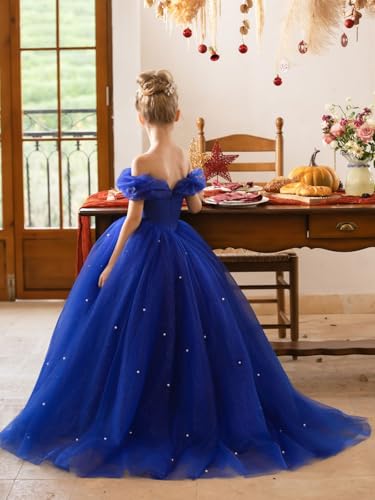 Elegant Off Shoulder Flower Girl Dresses Puffy Tulle Pageant Gown Sparkly Pearls Formal Evening Party Dress3