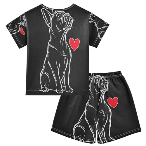 ALAZA Lovely Bulldog Black Pajamas Set Short Sleeve Cotton Sleepwear Summer Pjs 2 Piece 5-14Y2