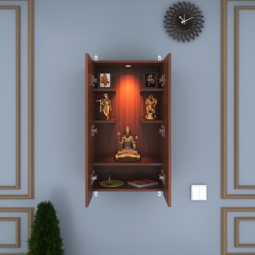 Image of Anikaa Spirit LED Light Puja Stand - Walnut (D.I.Y - Do-It-Yourself) - Wall Mountable Temple Shelf for Home & Office Decoration