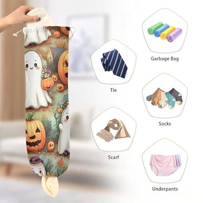 xigua Cartoon Ghosts Plastic Bag Holder Wall Mount with Drawstring 1 Pack, Reusable Grocery Bag Organizer Decor for Bags, Socks, Underwear, And Neckties