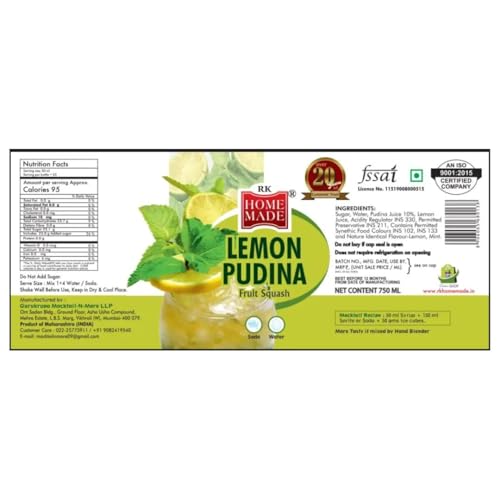 Image of RK HOME MADE NATURAL SYRUP | Lemon Pudina Syrup | Gluten free | 100% Vegan & Low fat | Easy to use | A perfect drink for house parties, picnics, & road trips to everyone's delight 750 - ML
