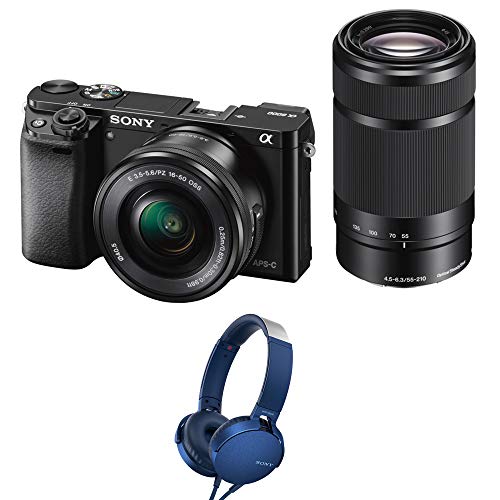 Image of Sony Alpha ILCE 6000Y 24.3 MP Mirrorless Camera with 16-50 mm and 55-210 mm Zoom Lenses with MDR-XB550AP Headphones (Black)