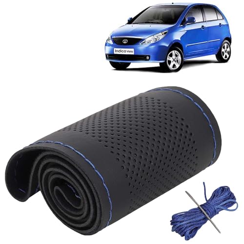 Image of KINGSWAY PU Leatherite Car Steering Cover Sewable Compatible with Tata Vista (Year 2008-2014), Black Color with Blue Thread, Pack of 1 with Sewing Needle and Thread