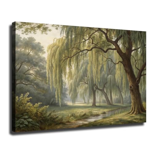 Vintage Weeping Willow Canvas Wall Art, Antique Willow Tree Sketch Framed Poster, Classic Country Landscape Wall Art for Living Room Ready To Hang (Framed,12×18 inch)