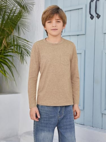 Image of Boys Long Sleeve Shirt Crewneck Solid Color Casual Top with Chest Pocket for Kids 5-14 Years