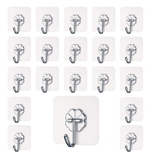 Image of CERLINK 20 PCS Self Adhesive Wall Hooks for Home & Kitchen | Strong Transparent Sticky Hooks for Wall Hanging | No Drill, Waterproof Multipurpose Heavy Duty Hooks for Bathroom, Kitchen & Office