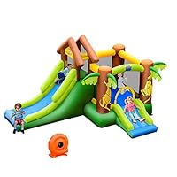 GYMAX Inflatable Bouncy House, Kids Jumping Castle with 2 Slides, Climbing Wall & Basketball Hoop, Children Slide Bouncer for Outdoor Indoor(6 in 1 With 520W Blower)