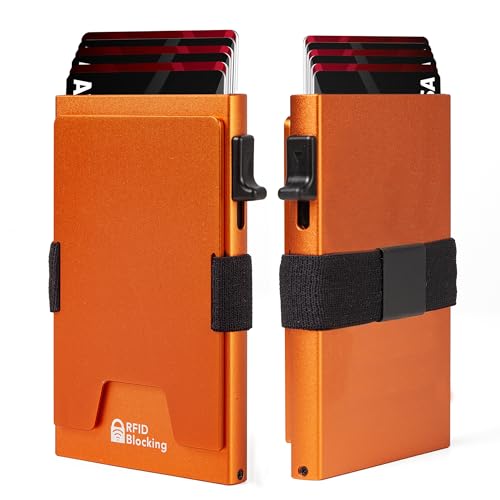 Image of Minimalist Mens Card Holder Wallet, RFID Blocking Slim Smart Pop Up Aluminum Wallet,Holds 12+ Cards,Expandable Compact Plate,Cash Strap /Money Clip (Orange)