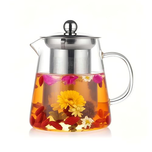 Tetera de vidrio con infusor de acero inoxidable, tetera de borosilicato, tetera transparente para té de hojas sueltas (950 ml)
