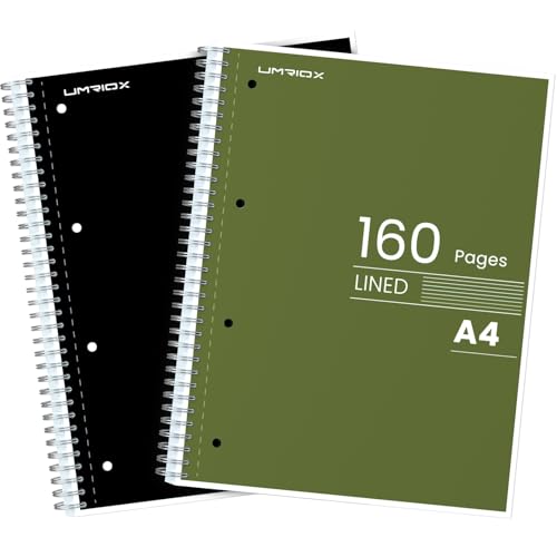 Umriox A4 Notebook, 7 mm Lined Wirebound Notebook with 4-Hole Punch Margins, 160 Pages Premium Paper College Ruled Journal with Perforated Edges, Pack of 2 Notepads - Black+Green