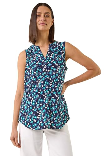 Image of Roman Originals Sleeveless Shirt for Women UK Ladies Vest Tank Top Summer Smart Blouse Stretchy Jersey T-Shirt Casual Spring Holiday Party Beach Vacation Notch Neck - Floral Turquoise Noir - Size 20