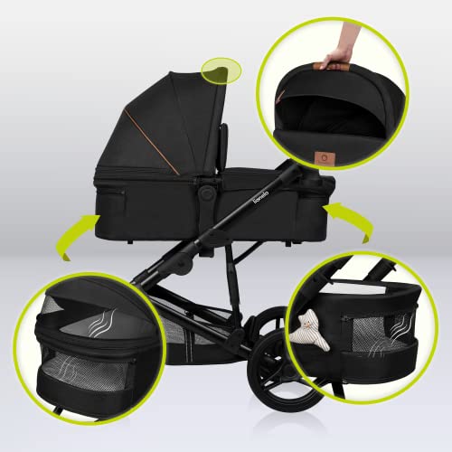 Lionelo Mari Tour 2In1 Passeggino Per Bambini Da 22Kg Con Navicella Regolazione Dello Schienale Pieghevole Cinture 5Punti Grandi Ruote Da Terreno 360° Tripla Ammortizzazione Tettuccioxxl (Black Onyx) - 5