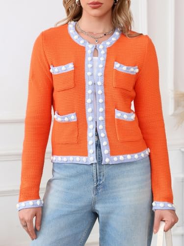 Image of Cropped Cardigan for Women Open Front Jackie O Sweater Jacket Button Down Fall Chunky Knit Coats