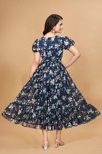 Image of Women's Georgette Dresses Floral Printed One Piece Stylish Long Maxi Western Frock Midi Dress for Women (Puffed Sleeves) Blue