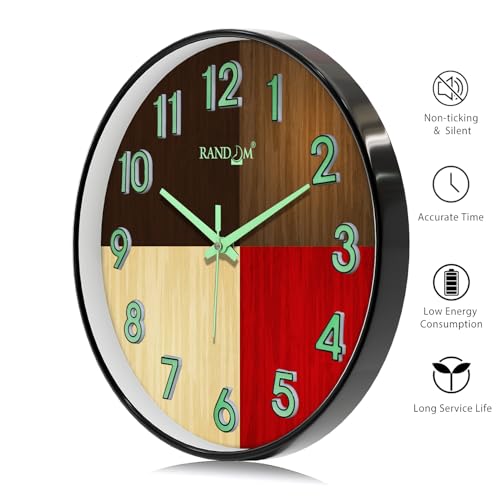 Image of RANDOM Modern 12.75INCH Wall Clock with 3D Radium Numbers, Silent Non-Ticking, Premium Black Frame, Metallic Face, Ultra Clear Glass for Living Room, Home Office