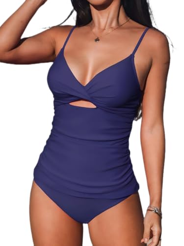 CUPSHE Conjunto de tankini para mujer, traje de baño de dos piezas, cuello en V, recortado, fruncido en la espalda, gancho frontal, parte inferior reversible de tiro medio, púrpura oscuro/negro, XS