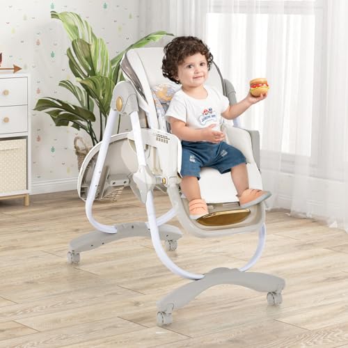 Image of HOMGX Portable High Chair, Foldable Baby Feeding Chair with Adjustable Footrest & Backrest, Large Dishwasher-Safe Double Tray, Toddler Highchair for 6-36 Months, Grey