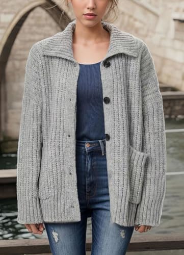 chouyatou Women's Button Down Cardigan Sweater Fall Oversized Turtleneck Ribbed Knit Cardigan Coat with Pockets3