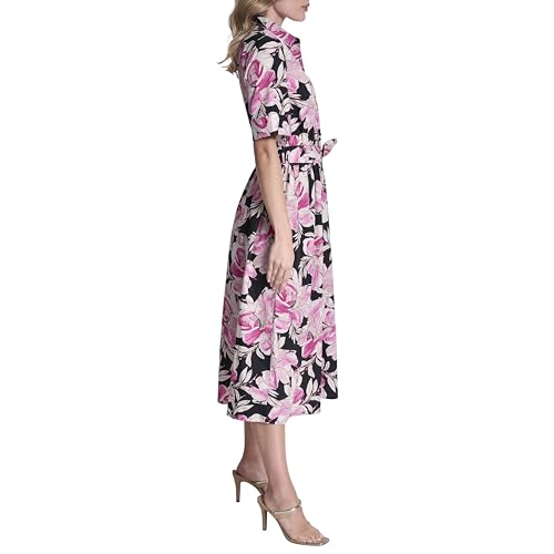 Image of DKNY Women's Short Sleeve Cotton Poplin Collared Midi Shirtdress