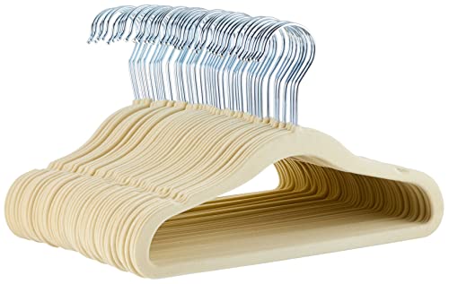 Image of Amazon Basics Kids Velvet, Non-Slip 11.6" Clothes Hangers, 1 Count (Pack of 50), Beige