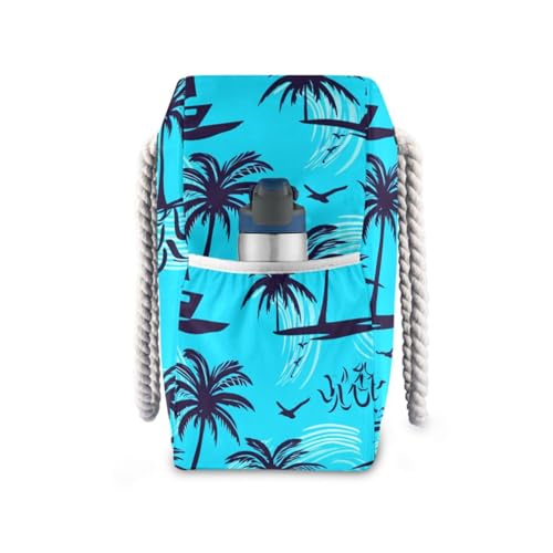 Sailboat Coconut Palms Cyan Beach Tote Bag for Women Waterproof Swim Pool Extra Large Beach Bags with Zipper Carry On Travel Bag for Yoga Gym Women Vacation Essentials Nurse3