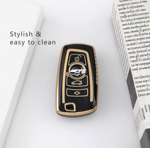 Image of TPU Car Key Cover Black & Golden Compatible for (BMW, 4 Button Push Smart Key)