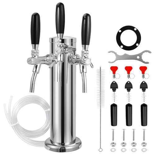 Dbgogo 3 Tap Beer Tower Adjustable Flow Control Beer Faucet Three Tap Beer Tower Stainless 3” Triple Tap Beer Tower Dispenser Kegerator Tower Kit with Pre-Assembled Tubing and Self-Closing Springs