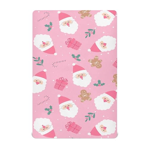 Image of Christmas Santa Cute Pink Crib Sheets Soft Breathable Fitted Baby Crib Sheets Mattress Cover for Girl Boys, 52 inch x 28 inch x 9 inch