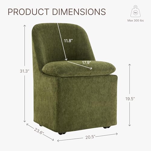 Image of KISLOT Upholstered Dining Chairs Set of 1 with Casters, Modern Side Armless Deskchair with Washable Slipcover & Sturdy Metal Frame for Diningroom Bedroom Livingroom Reading Room, Green Fabric