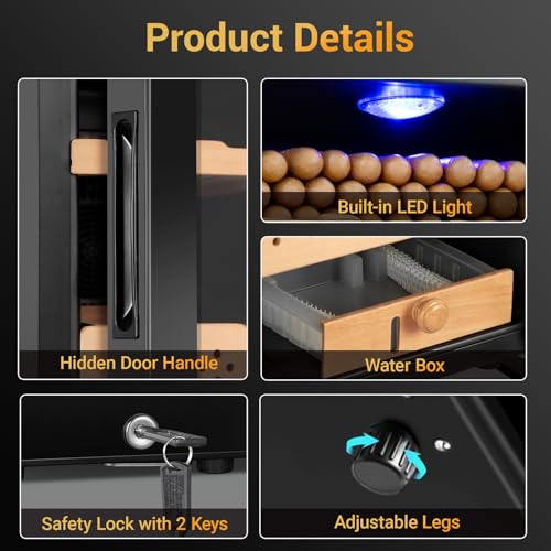Image of Electric Humidor, 25L 150 Counts Large Capacity,Thermostatic Cooling Humidor Cabinet with Spanish Cedar Wood Shelves, Digital LED Screen, Safety Lock