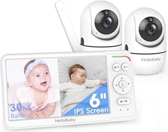 HelloBaby World's First 6" IPS Split Screen Baby Monitor with 2 Cameras - No WiFi, 30hr Battery, 355° Pan-Tilt, Night Vision, 1000ft, Portable Travel Video Audio Monitor with Temp Alert/Lullabies/VOX