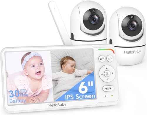 HelloBaby World's First 6" IPS Split Screen Baby Monitor with 2 cámaras - No WiFi, 30hr Battery, 355° Pan-Tilt, Night Vision 1000ft, Portable Travel Video Audio Monitor with Temp Alert/Lullabies/VOX