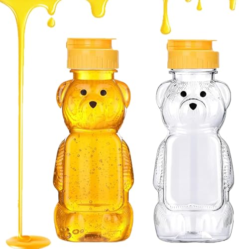 Guyode 2 Piezas Dispensador de Miel Oso 250 ML para Almacenamiento y Distribucion, Dispensador Miel Transparente con Tapa tapa Abatible Amarilla, Tarro para con Cubierta con Bisagras Honey Recipiente