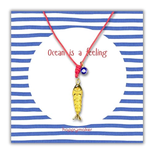 happymaker – Collana estiva da donna, nastro rosso con ciondolo mobile a forma di pesce e occhio portafortuna, collana lunga in tessuto...