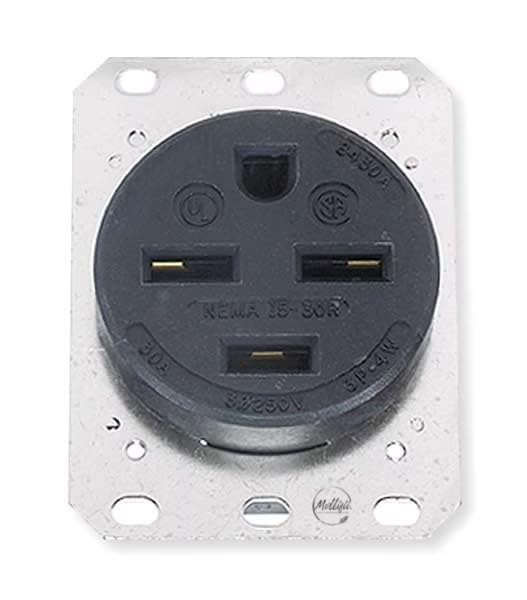 Receptacle, 30 A Amps, 250V AC, Flush Mount, Single Outlet, 15-30R, Black