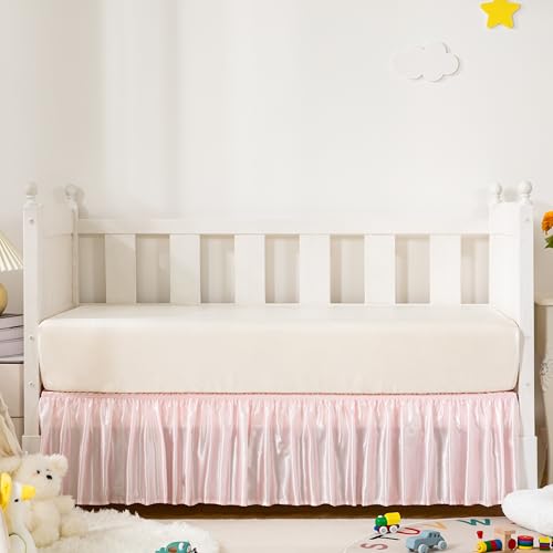 Counfeisly Blush Pink Satin Crib Bed Skirt 52 x 28 with 14 Drop Silky Soft Baby Crib Skirt for Baby Girls or Boys Fit for Standard Crib & Toddler Bedding
