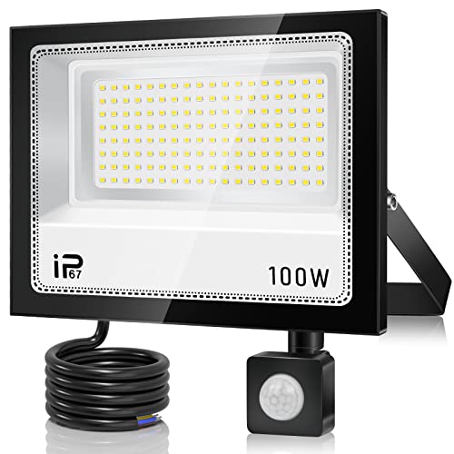 VRFMALIY 100W Projecteur LED Exterieur Detecteur de Mouvement,10000LM 7000K Blanc Froid Eclairage Exterieur,IP67 Etanche Spot LED Avec Détecteur,144 LEDs...