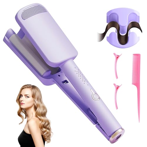 32mm Rizador de Pelo, Rizador de 2 Tubos Rizadoras Rápido, 4 Temperatura Ajustable, Ondulador de Pelo de Cerámica, Rizador Pelo Ondas Beach Waves Plancha Ondas (Púrpura)