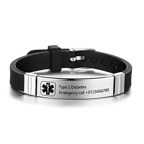 Personnalisé Medic Alert Bracelet pour Femmes,Silicone Bande Urgence Alerte médicale Pour des hommes Bracelets,Identification officielle Bracelet avec Alerte médicale Badge,Personnalisé Gravé Texte Cover