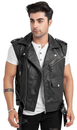 Men’s Vintage Lapel Style Collar Vest Negan Motorcycle Sheepskin Black Biker Riding Leather Weskit Vest for Mens