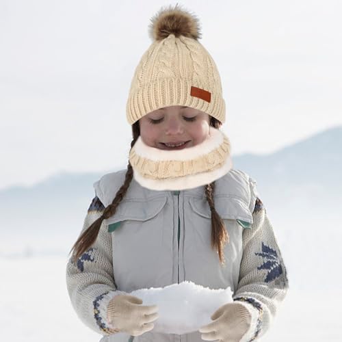Image of Kids Hat Scarf Gloves Set, Kids Winter Beanie Hat Scarf Gloves Set with Knit Thick Warm Fleece Lined for 1-6 Years Old