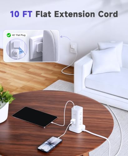 Tower Power Strip with PD 30W Fast-Charging Port, 12 Outlets, 4 USB Ports (2 USB-C), 1800J Surge Protector, Charging Station for Multiple Devices,10FT Extension Cord, White, Home Office Essentials - image 4