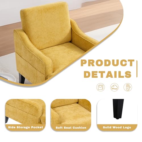 Image of Accent Chair for Living Room,Mid-Century Arm Chair Chenille Fabric Living Room Chairs,Upholstered Reading Chair for Bedroom,Single Sofa Chair with Wood Legs for Apartment (Yellow)