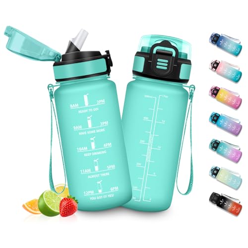 HoneyHolly Botellas de Agua para Niños 500ML, Botella Agua sin BPA con Marcador de Tiempo, Plastico Botella de Agua Deportiva Motivacional, con Pajita, Cantimplora para Colegio, Bicicleta
