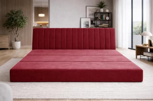 Image of Deco Studio Three Seater Convertible Floor Sofa Bed Modern Velvet Fabric Folding Couch for Living Room, Guest Room & Small Spaces - Red Color