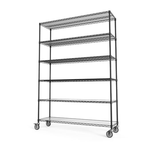 6 Tier 6000lbs Capacity NSF Metal Shelf Wire Shelving Unit, Heavy Duty Adjustable Storage Rack with Wheels & Shelf Liners for Commercial Grade Utility Steel Storage Rack, Black - 87.5