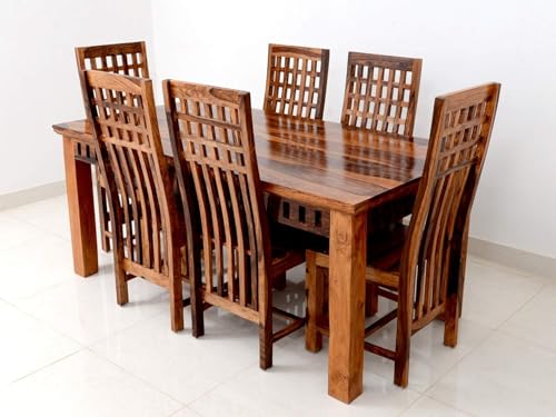 Image of Sheesham Wood Rectangle Dining Table with 6 Chairs | Durable Wooden Multipurpose 6 Seater Dining Table Set Furniture for Living Room, Home, Restaurant and Hotels (Natural Finish)