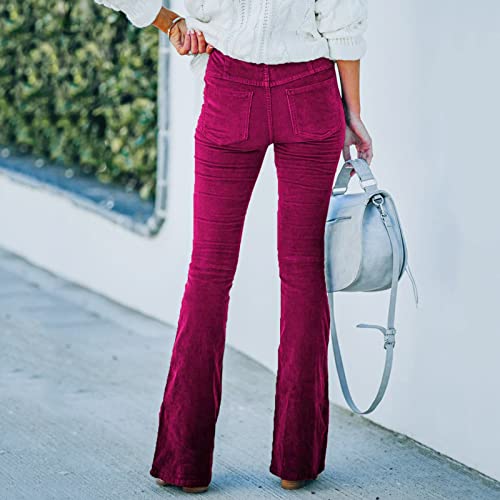 YOLAI Women Casual Corduroy Flare Pants Elastic Waist Bell Bottom Trousers4