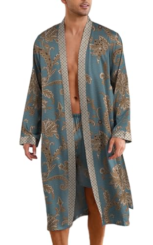 Men's Floral Paisley Pajama Sets Long Sleeve Kimono Robe and Shorts 2 Pieces Pj Sets